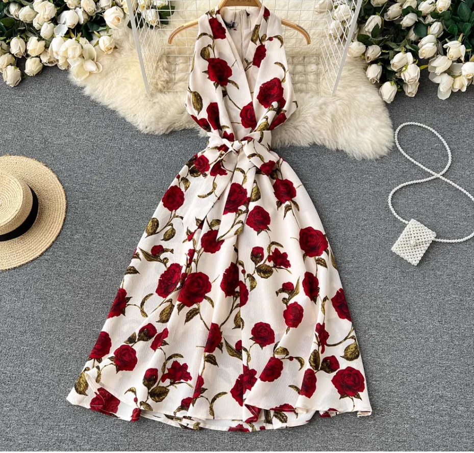 

French retro printed dress 2025 new women's style V-neck lace up waist slimming mid length dress singer dress skirts