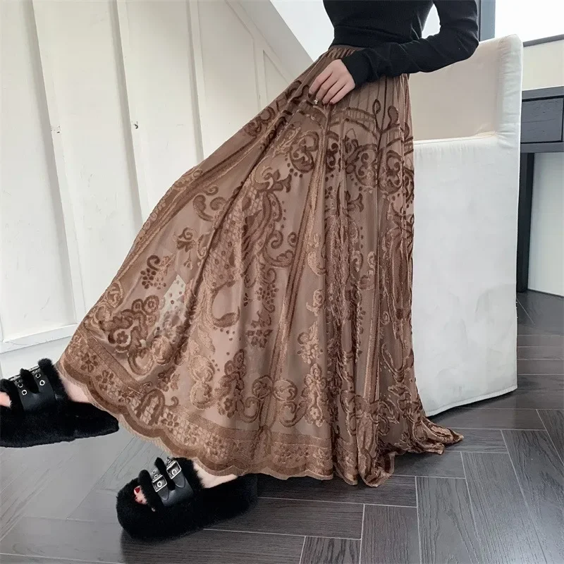 

Korean Fashion Long Skirts Women Lace Embroidery Hollow A-line Elastic High Waist Faldas Ajustadas Female Tulle Skirt Dropship