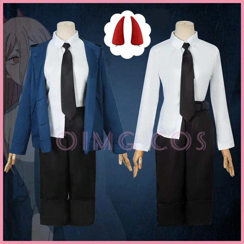 

Power Cosplay Costume Chainsaw Man Outfits Blue Suit Shirt Tie Short Wig Neck Ring Women Anime Uniform Halloween