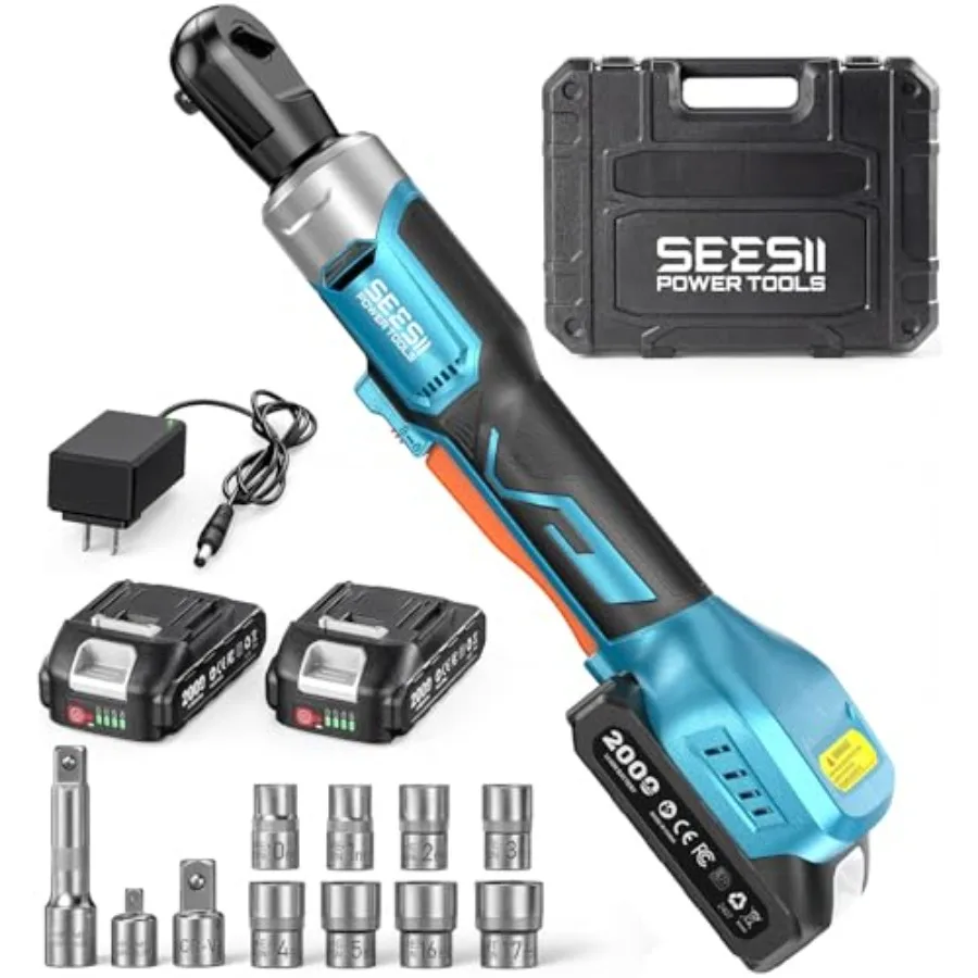 

3/8" Cordless Ratchet Wrench Set 0 ft-lbs 80Nm High Torque Electric Ratchet 21V Max and 2×2.0Ah Batteries 300 RPM Fast Charger