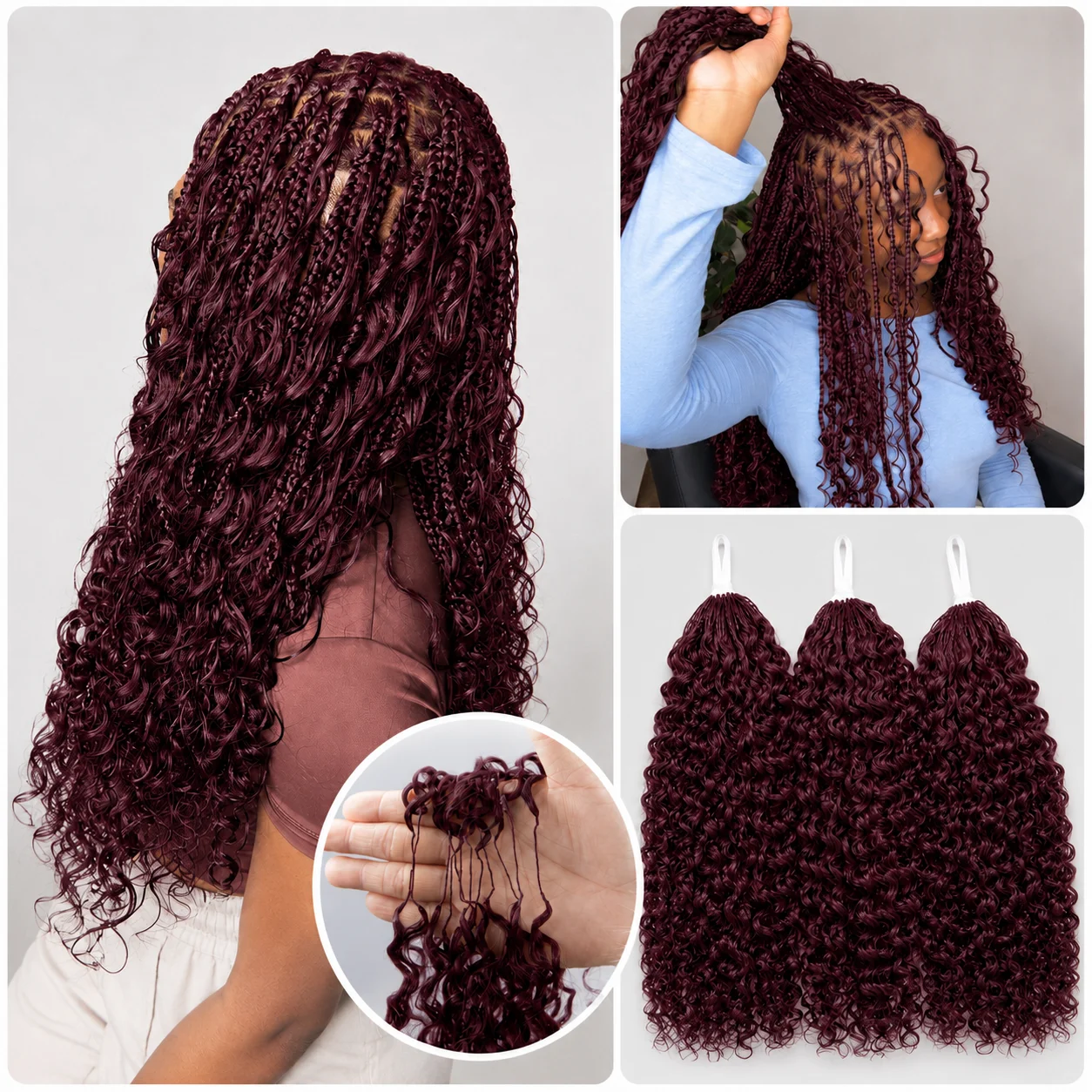 Extensions de cheveux humains bouclés frisés légers en crochet couleur bordeaux Miracle Knots pour femmes noires, pointes pleines