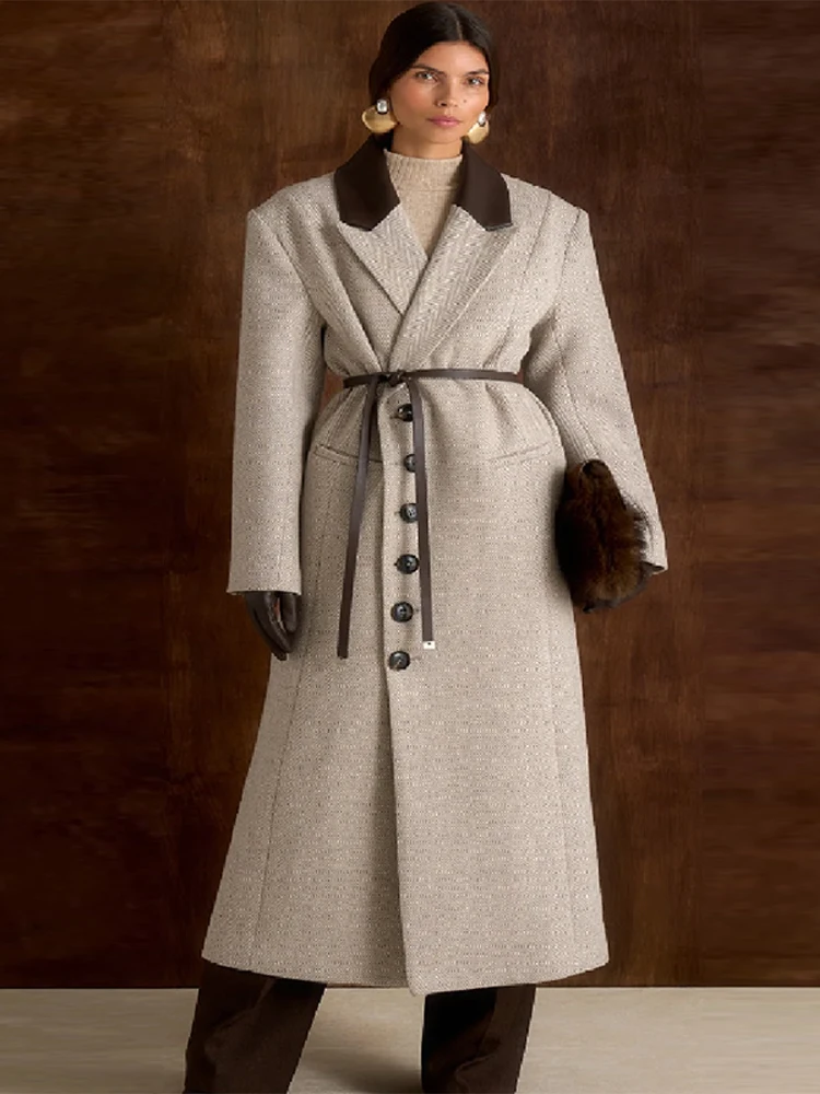 

Women's Vintage Lapel Collar Wide Shouldered Coat Slim Fit Belt Long Overcoat Commuter Female Clothing 2026 New Casual Clothes