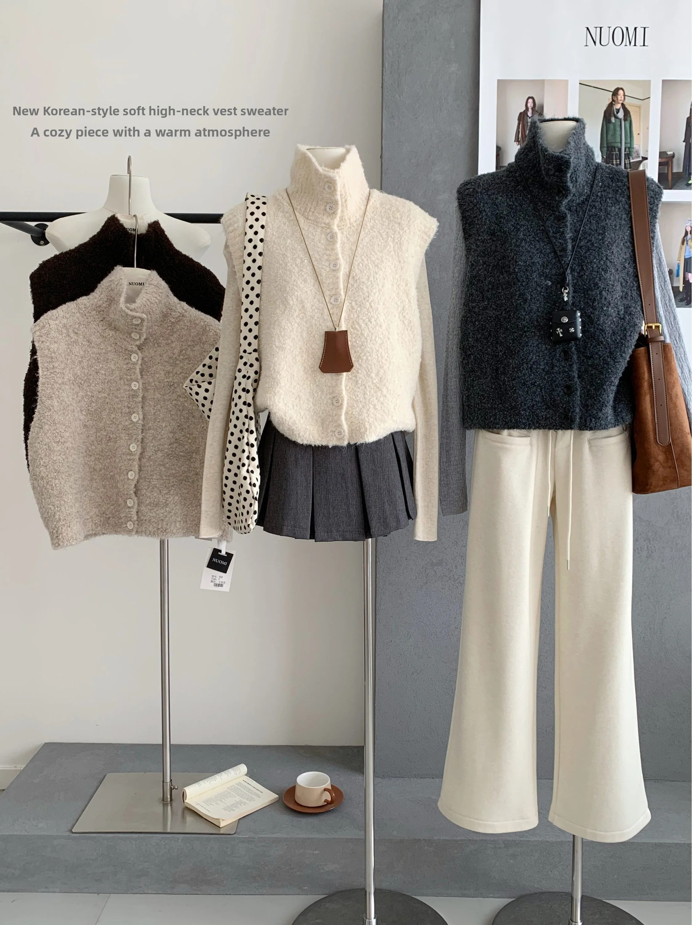 Colete de Tricô Feminino Coreano de Gola Alta, Solto e Despojado, com Ombreiras, para Primavera e Outono, Peça de Camada para o Início da Primavera