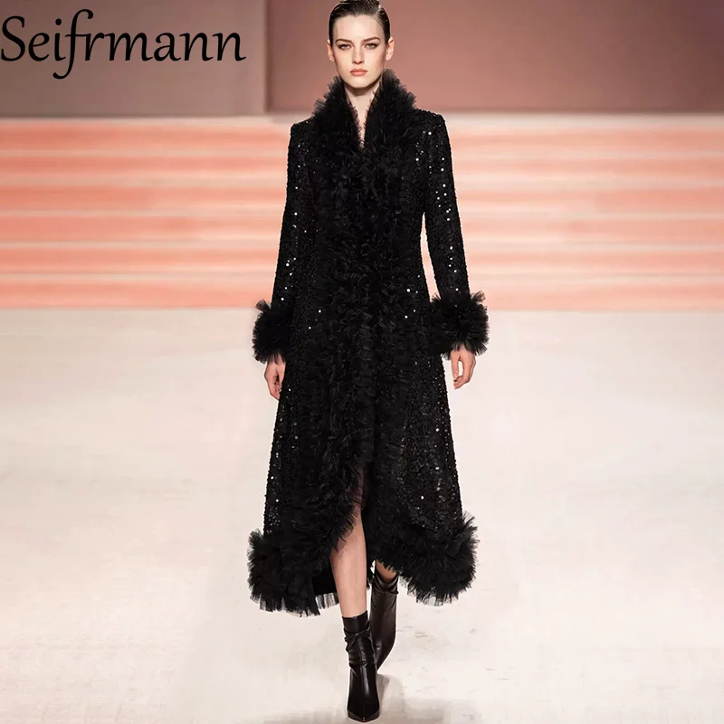 Seifrmann Spliced ​​sequined mesh ruffled coat V-neck long-sleeved waist long coat 2026 autumn women's new style