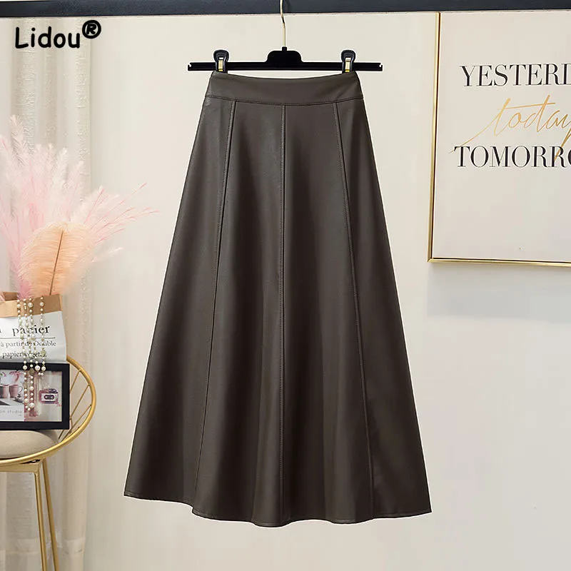 Autumn Winter Temperament A-Line Women Leather Skirt Fashionable Solid Color Bright Line Decoration Midi Skirts Female Clothing