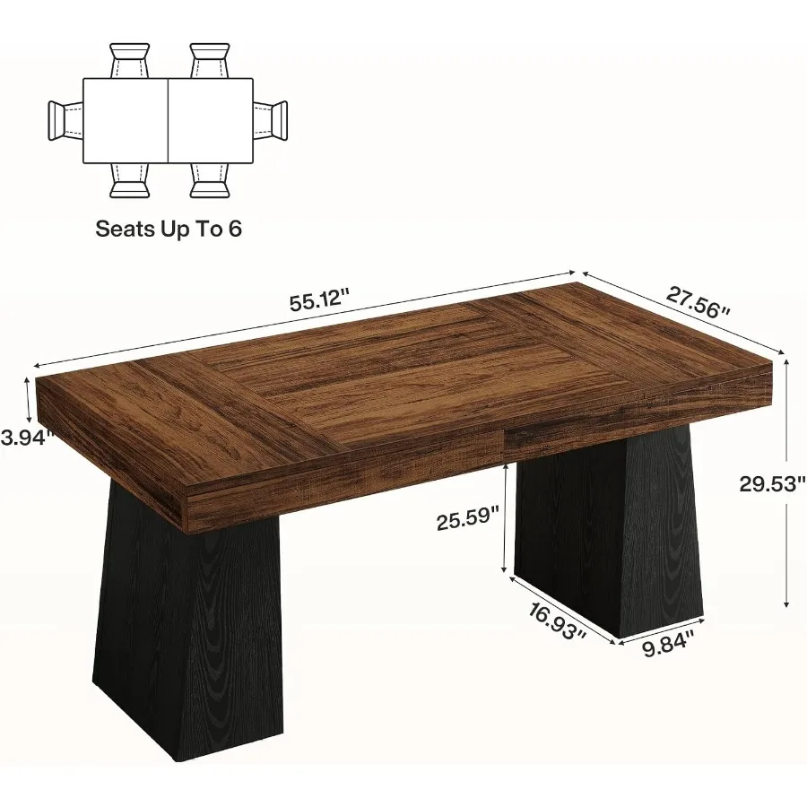 Two Tone Dining Table for 4-6 People, Rectangular Farmhouse Kitchen Dinner Table with Double Pedestal, Wood Dining Room Furnitu