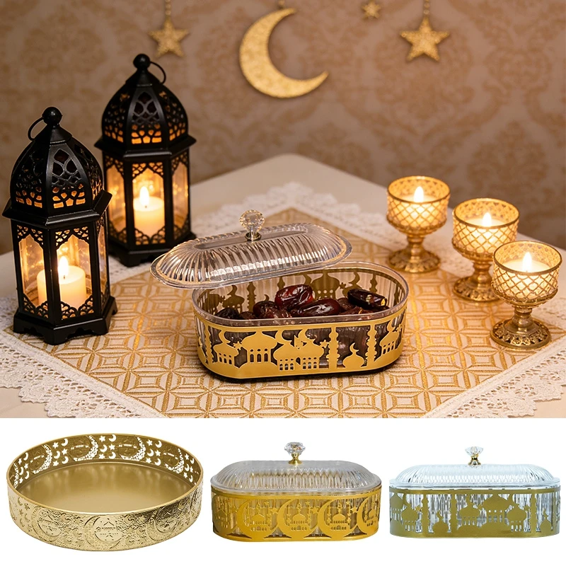 

Eid al Fitr Fruit Plate Candy Box Gold Black Ramadan Party Table Storage Tray Snack Plate Castle Gold Decoration Storage Box