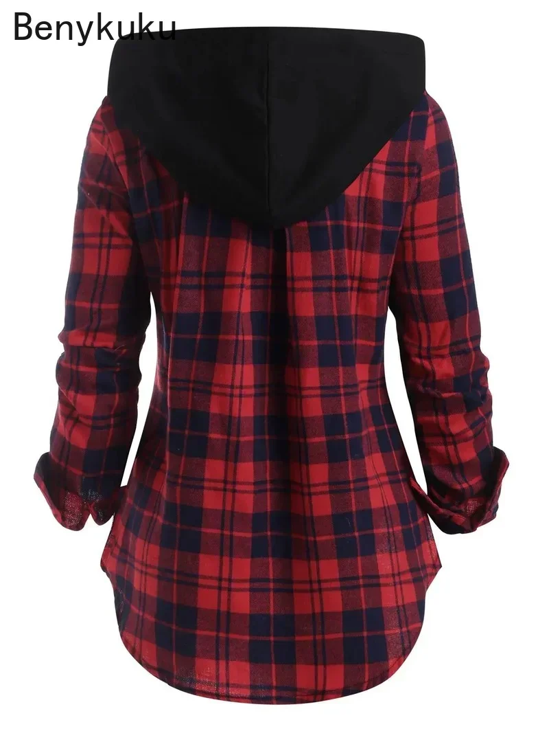 Vintage Plaid Pocket Zipper Sweater Shirt Coat Women Long Sleeve Hooded Jacket Contrast Color 2024 Spring Autumn Woman Clothes