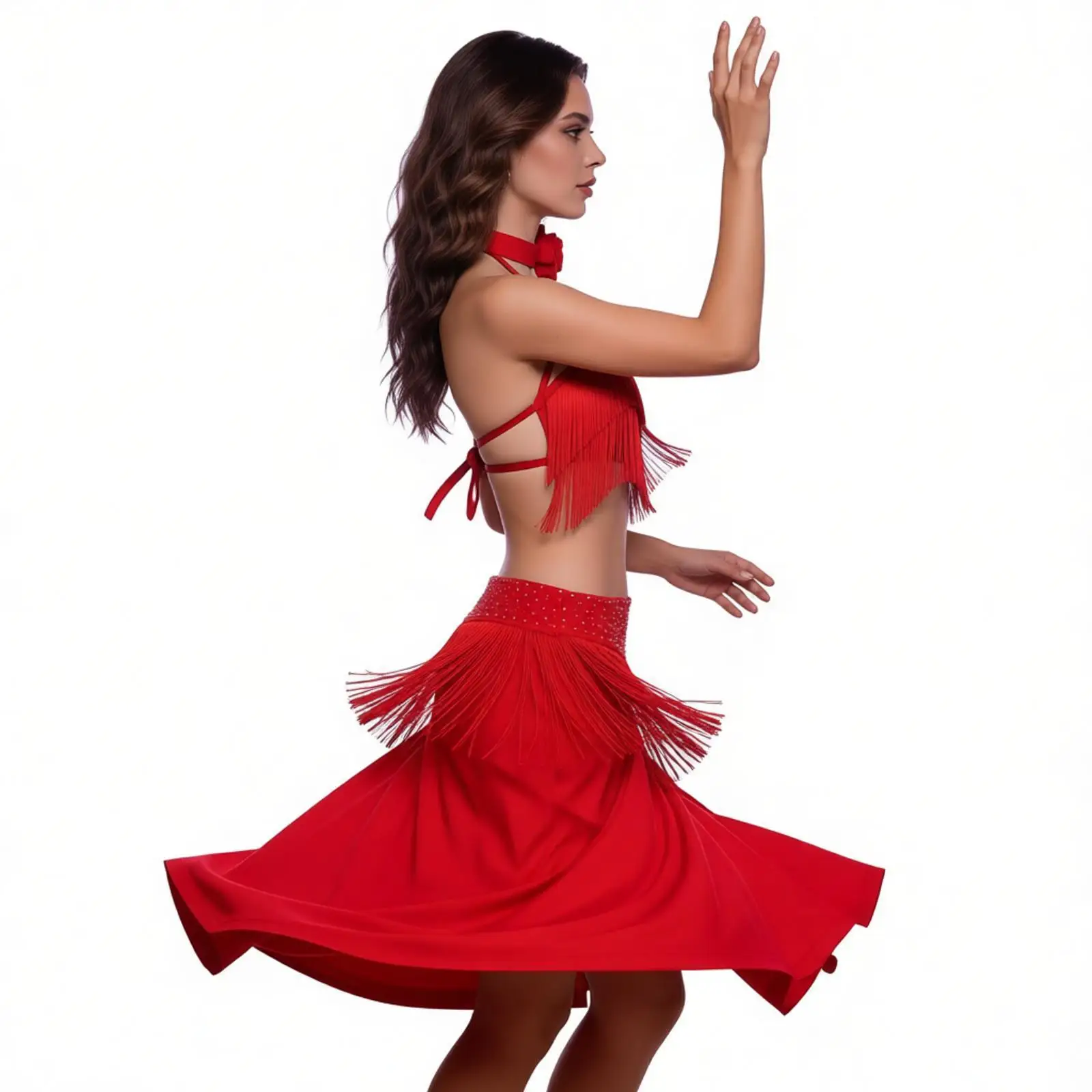 

Womend Latin Dance Outfit 3D Flower Halter Applique Tiered Tassel Backless Top with Leotard Miniskirt for Belly Dance Salsa Prom