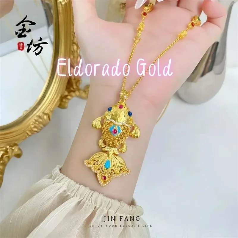 Eldorado Gold   Eldorado Gold 2025 202518K AU750 Real Gold Filigree Gold Scale Fish Pendant Necklace For Women, New Chinese Styl