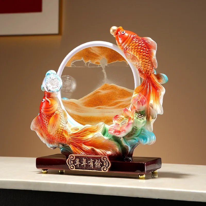 LH3 Quicksand Painting Koi Lucky Ornament Hourglass Living Room Home Office Decoration