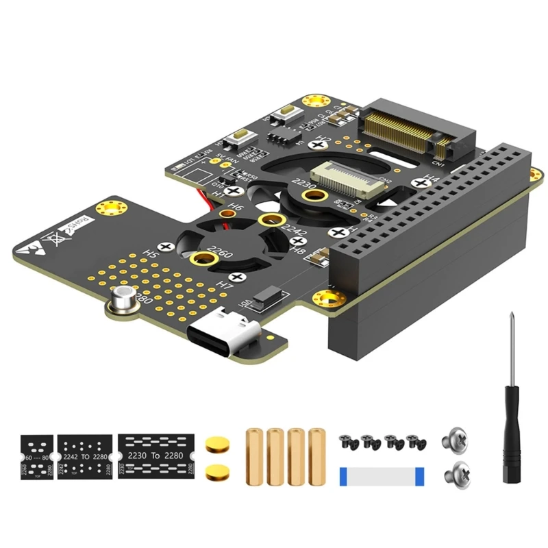 NVMe to PCIe Adapter for RPi 5 NVME SSD Cooling Fan Automatic Discoloration LED Efficient Data Handling QXNF