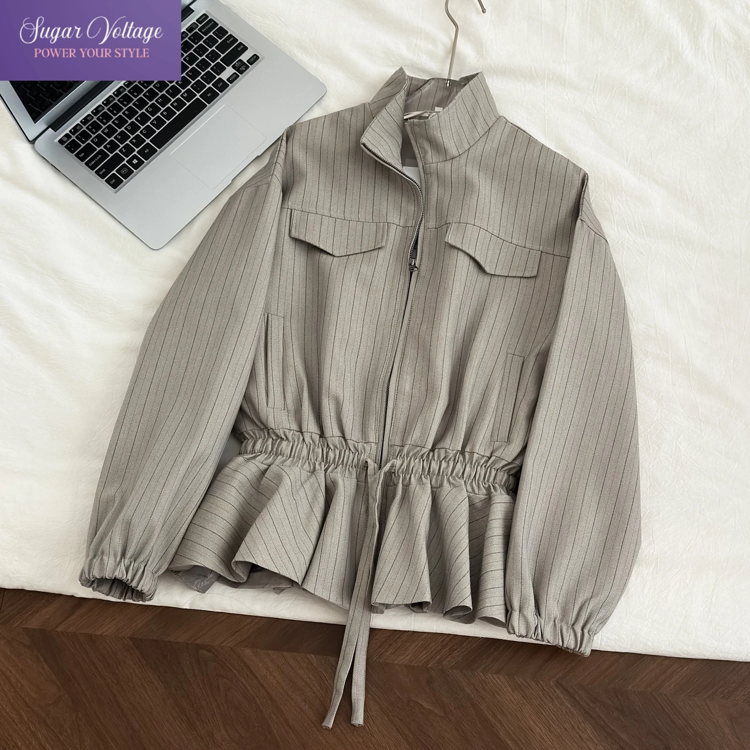 

Y2K Casual American Retro Women Jacket Striped Zip Up Drawstring Waist Coat with Pockets Spring Fall Fashion 2000s Aesthetics