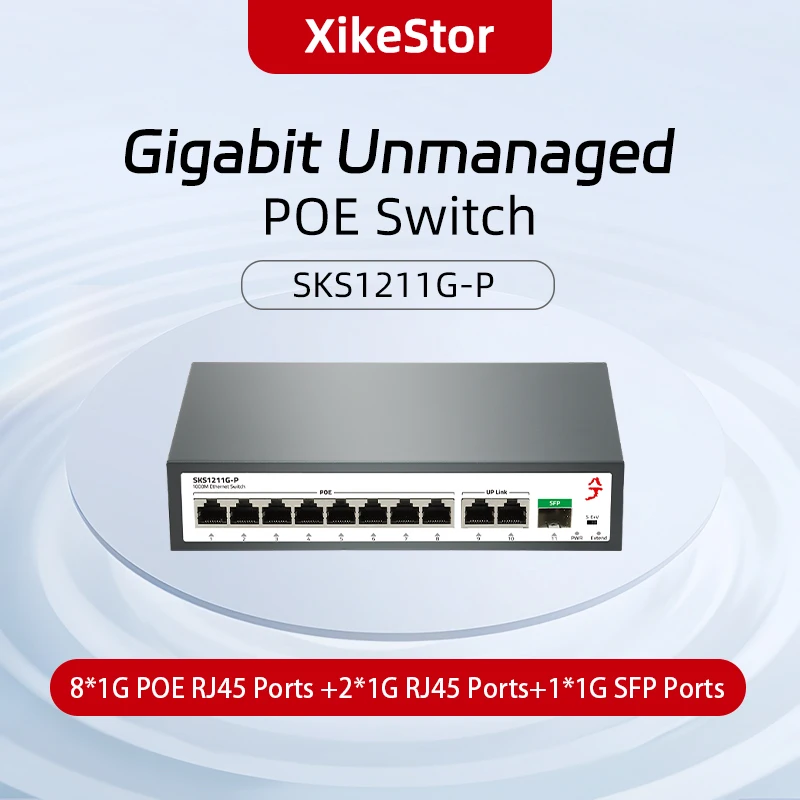 XikeStor-Commutateur de réseau de déchets non géré, détection intelligente AI, 1000m, 8 ports POE RJ45, 2 ports RJ45, 1 port, Plug Play