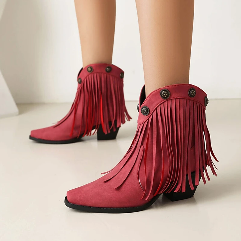 

Girseaby Vintage Women's Cowgirl Boots Pointed Toe 6cm Block Heel Slip-On Tassels Mid-Calf Bootie Big Size 46-47 US16 Red Yellow