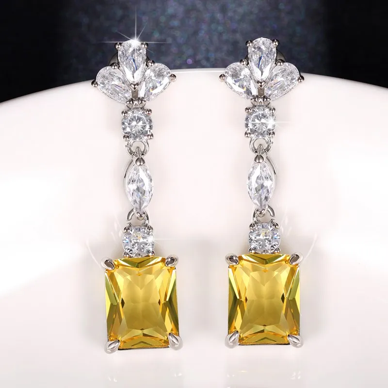Huitan Elegant Yellow CZ Dangle Earrings for Women New Fashion Design Engagement Wedding Ear Accessories Good Quality Jewelry
