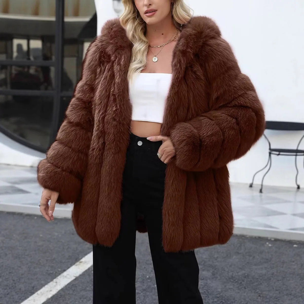 Casaco de pele de raposa falsa feminino jaqueta de pele sólida manga longa turn down collar ponto aberto grosso pele quente solto casual 2025 outono inverno