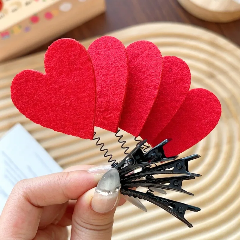 5/30Pcs Beflockte Rote Herz Haar Clips Frauen Valentinstag Lustige Spule Frühling Mini Ente Bill Haarnadel kinder Haarspangen Geschenk