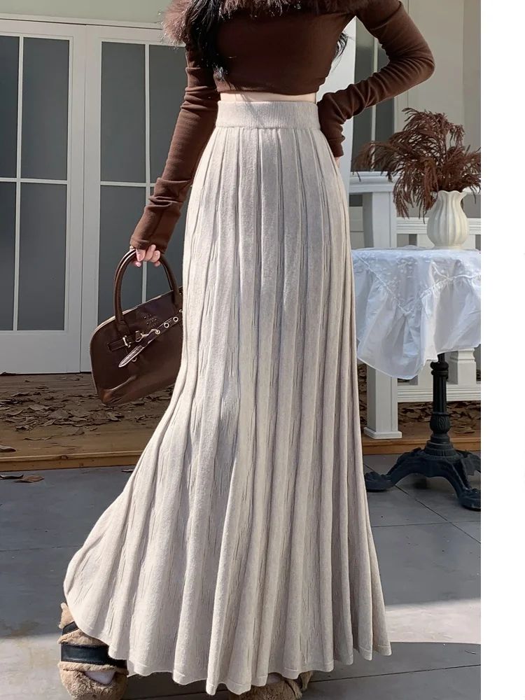 

Женская вязаная юбка-миди, элегантная однотонная плиссированная длинная юбка трапециевидной формы с высокой талией, корейская 2021, весна-осень-зима Faldas Femme Jupes