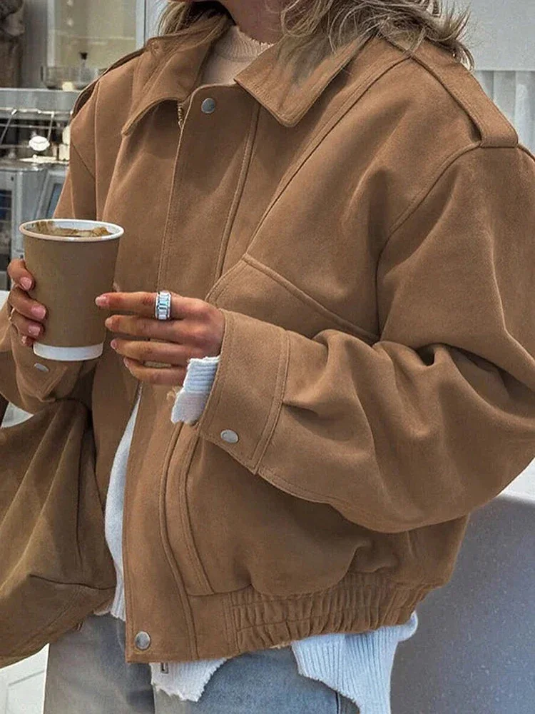 Senhora chique lapela curto bombardeiro jaqueta casual manga cheia com zíper bolso solto colheita jaquetas 2026 primavera feminino diário rua outerwear