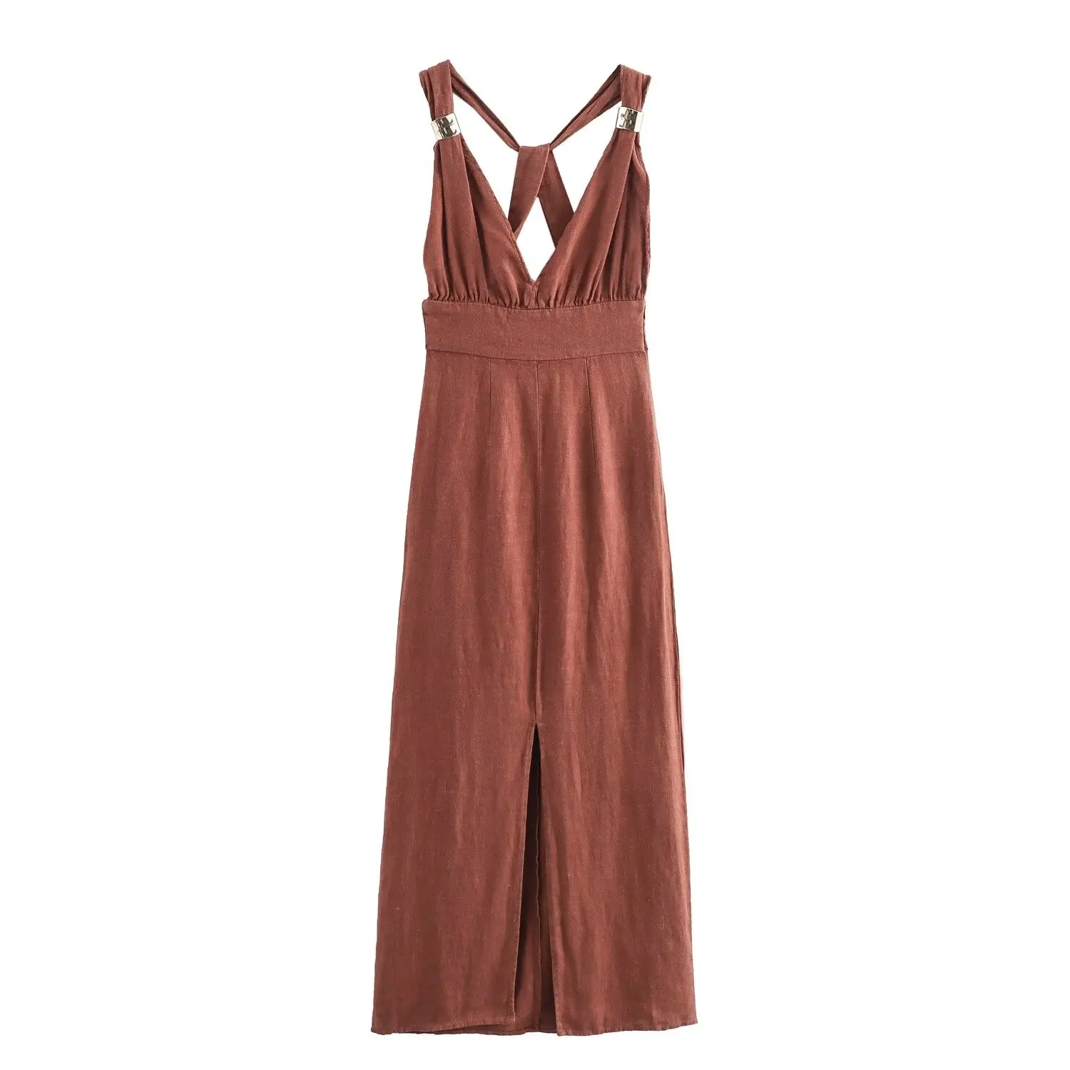 

Women's new Chic fashion metal shoulder strap decoration linen blend slit MIDI dress retro sleeveless backless women's dress