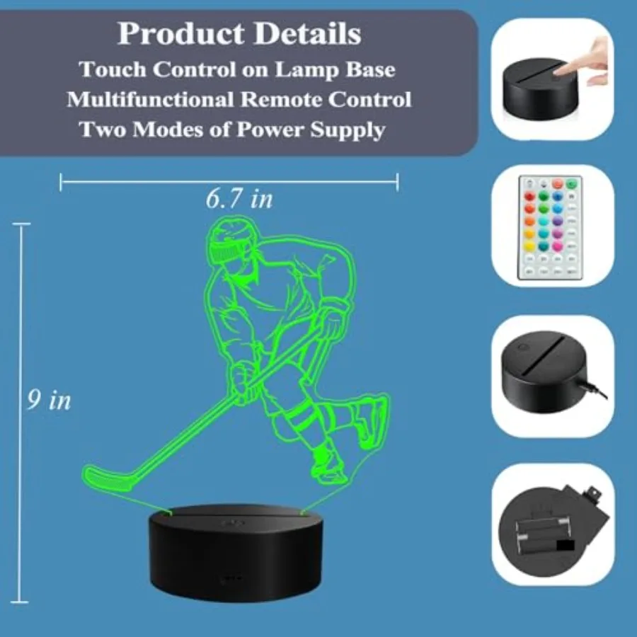 Hockey Night Light, Ice Hockey Gifts, 3D Illusion Lamp with Remote Control, 1 RGB s, 4 Flashing Modes, Timer, Dimmable, Room Ho