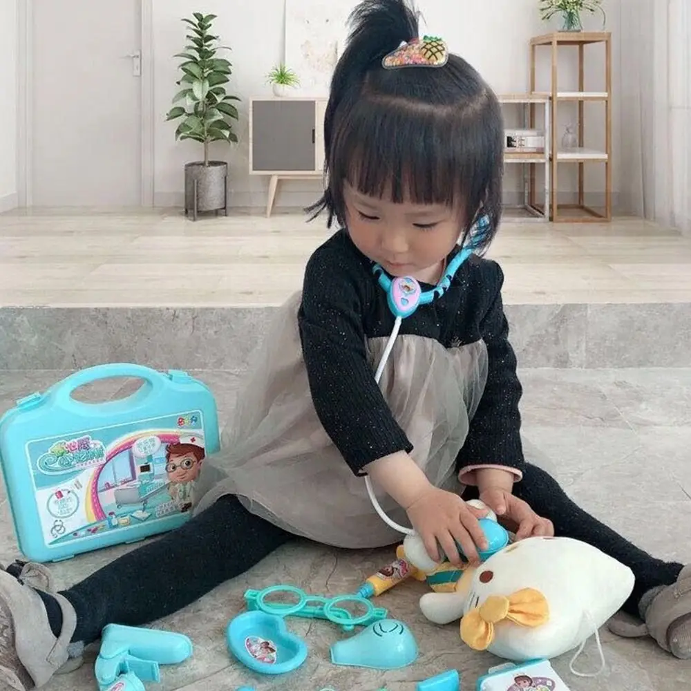 15個入り ピンクブルー ファミリードクターセット 聴診器 ミニ機器 ポータブル薬箱 おもちゃ プラスチック製アクセサリー ドクターセット