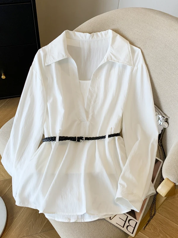 

Commute Korean Style V-Neck Waist-Cinching Shirt Strap Slimming Loose Women's Spring Fashion Two-Piece Set Top