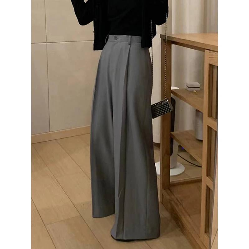 PBAP عادية الصلبة رمادي البدلة السراويل النساء جيوب مطوي الجبهة فضفاضة رايات عالية الخصر واسعة بنطلون الأعمال مكتب سيدة الملابس #1
