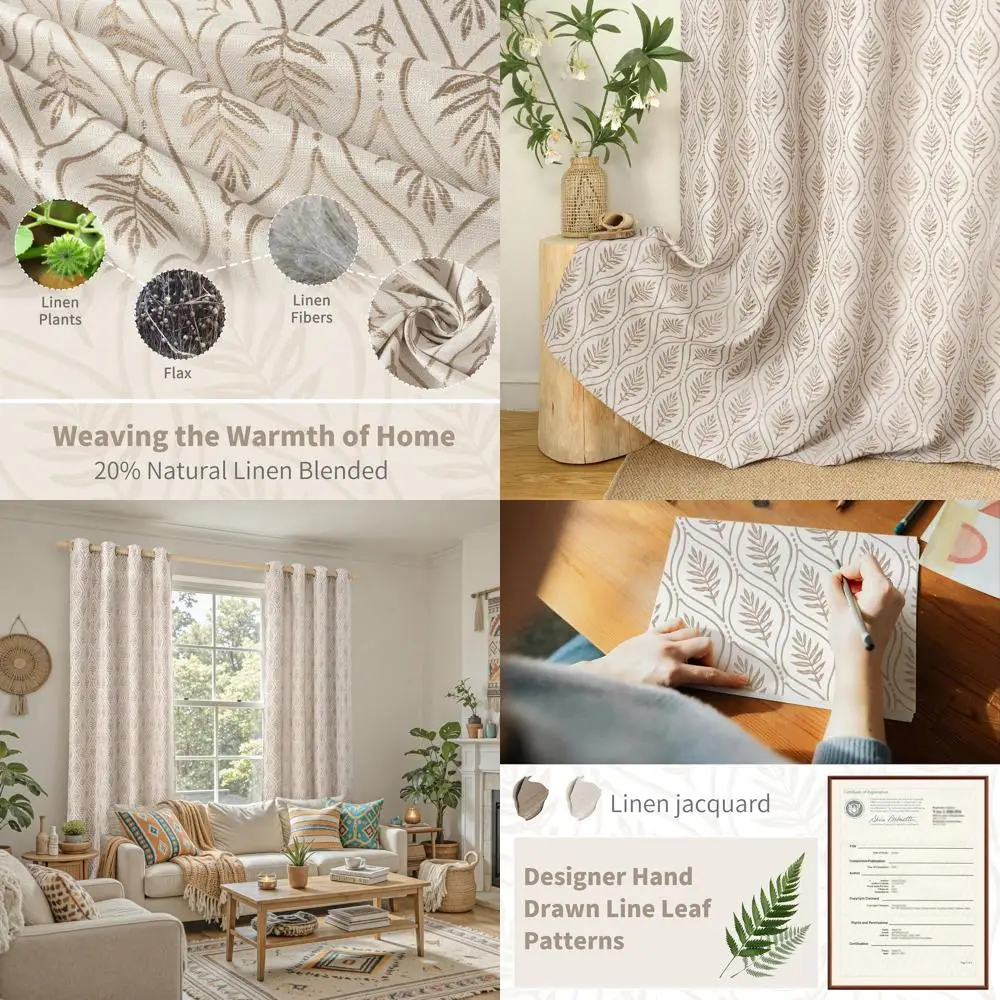 French Country-Style Semi-Sheer Linen Curtains with Leaf Pattern for Living Room, 2 Panels, 52x90