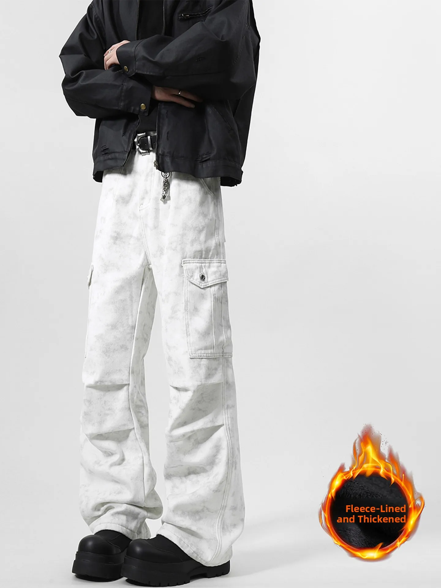 

American Dyed Workwear Jeans Men's Winter Trendy High Street Haome Fce Lined Thiened Loose Straight Leg Pants