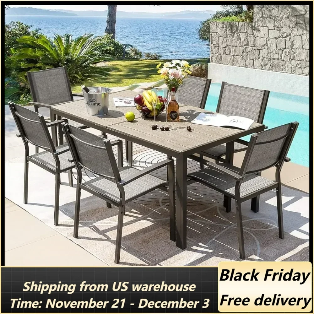 7 Piece Terrace Dining Outdoor Furniture Set with Weatherproof Table and 6 Stackable for Garden