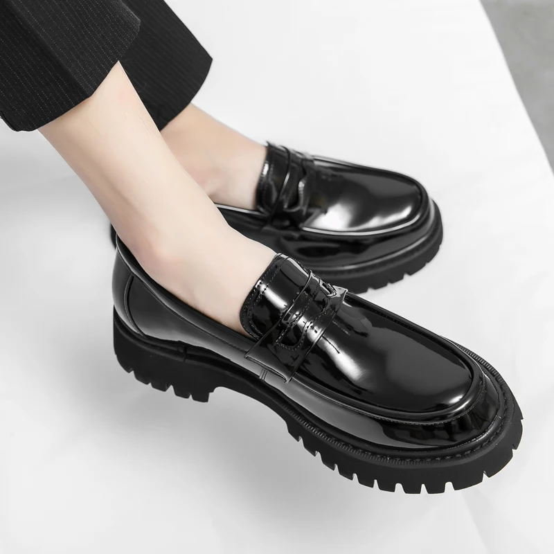 Black Loafers High Platform Shoes Oxford Shoes Thick-soled Large-capped Shoes Formal Business Shoes Slip-on Leather Casual Shoes