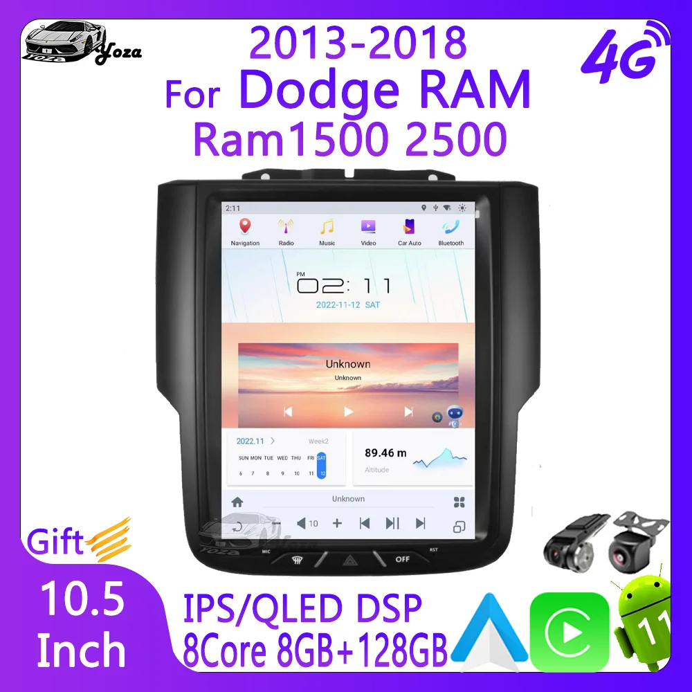 

Автомобильный радиоприемник Yoza Carplay для Dodge RAM Ram1500 2500 2013-2018 процессор Qualcomm Android11 мультимедийный плеер навигация 4G WIFI GPS