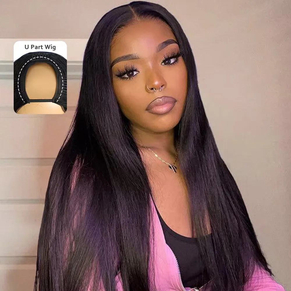 

U Part Human Hair Wigs Straight Machine Made Peruvian Hair Remy 220% Human Hair Quality Clip In Natural Black Color V Part Wigs