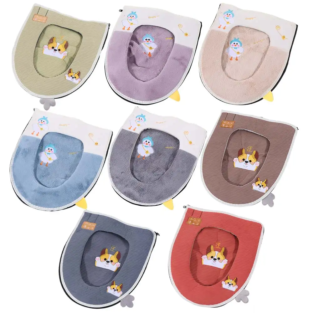 

2PCS/Set Cartoon Embroidered Toilet Seat Cover Plush Warm Closestool Cover with Handle Soft Toilet Seat Mat Indoor Toilet