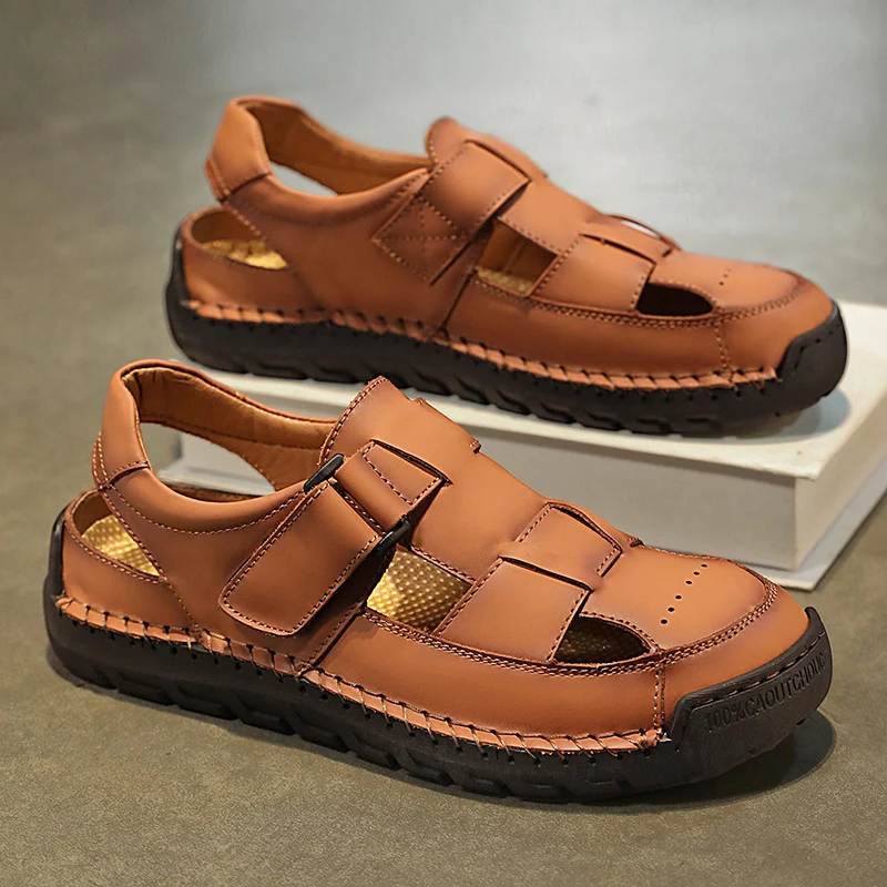 Mens Sandals Hand Sewn Hollow Breathable Comfortable Summer Casual Shoes City Daily Commuting Classic Leather Walking Sandals