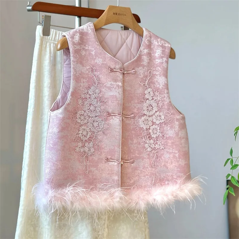 Nuovo gilet ricamato cinese retrò bellissimo rosa con fibbia in cotone con clip primaverile e autunnale che indossa gilet senza maniche in pelo di struzzo