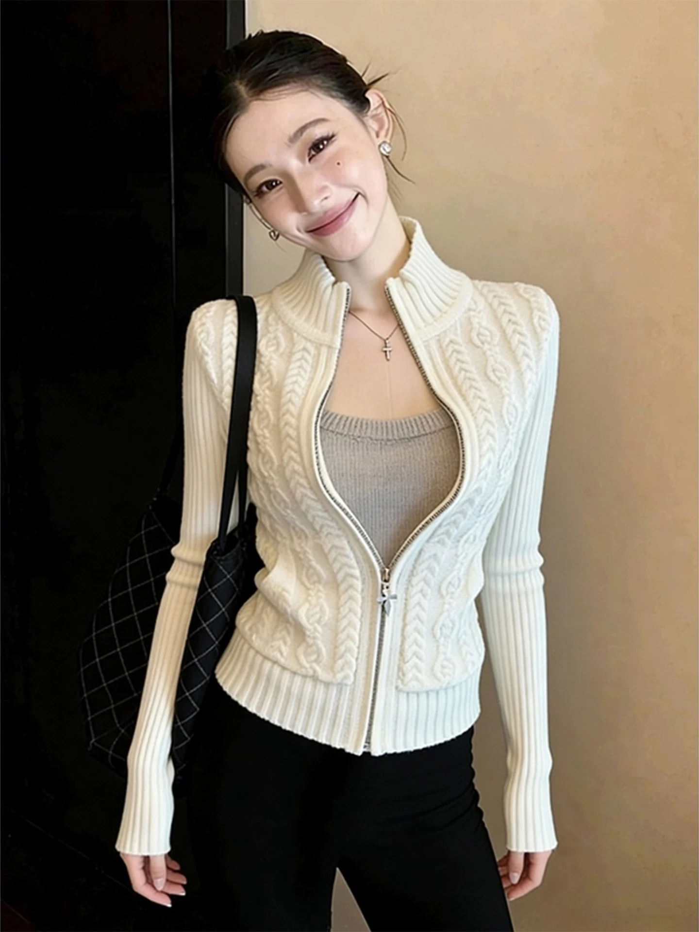 

Белый вязаный кардиган на молнии с воротником-стойкой, облегающий, для женщин, осенне-зимний, класса люкс