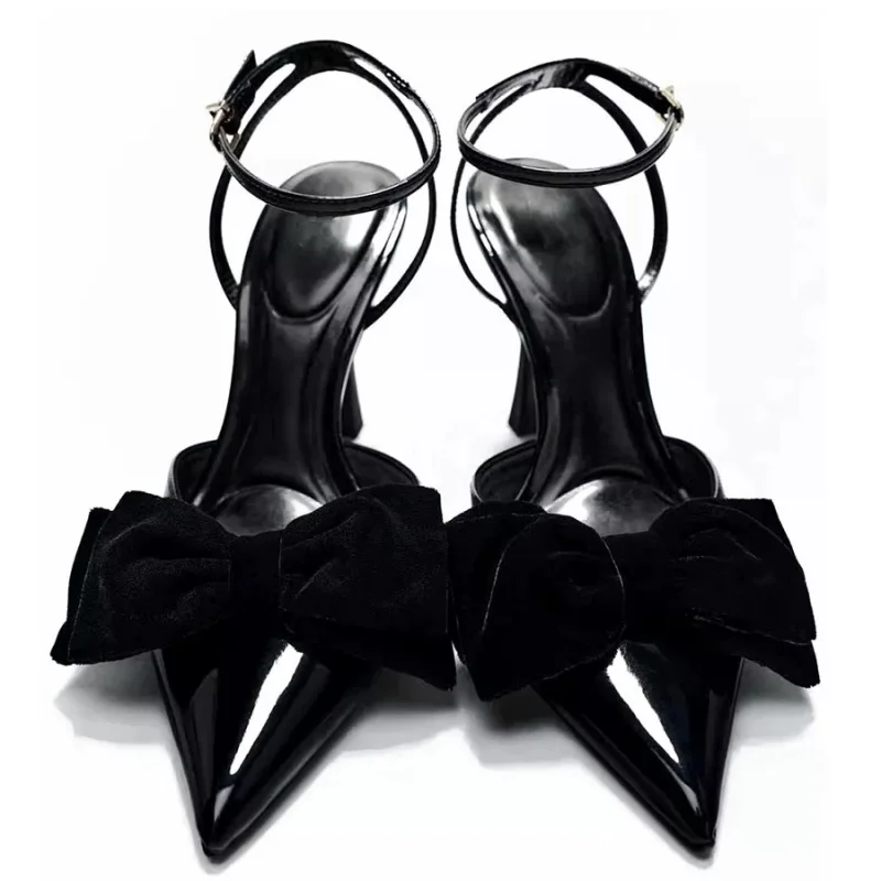 TRAF 2025 New Women Black Velvet Bow Heels Sexy Ankle Straps Stiletto Shoes Woman's Elegant Pointed Toes Eveing Party Pumps