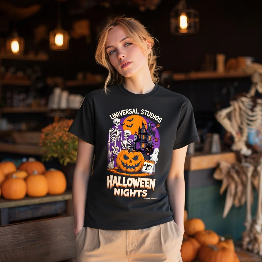

Zaelia Black T-Shirt with Halloween Pumpkin and Skeleton Design for Festival Party