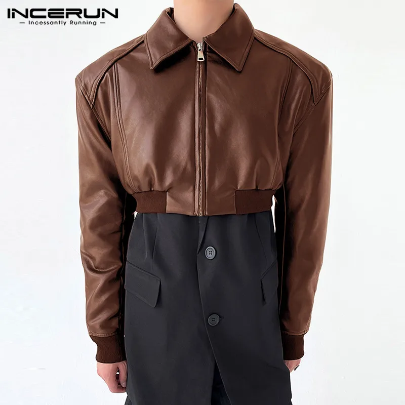 INCERUN Tops 2024 Korean Style New Men Zipper Shoulder Pad Cropped Jackets Casual Loose Solid Long Sleeved Leather Jackets S-5XL