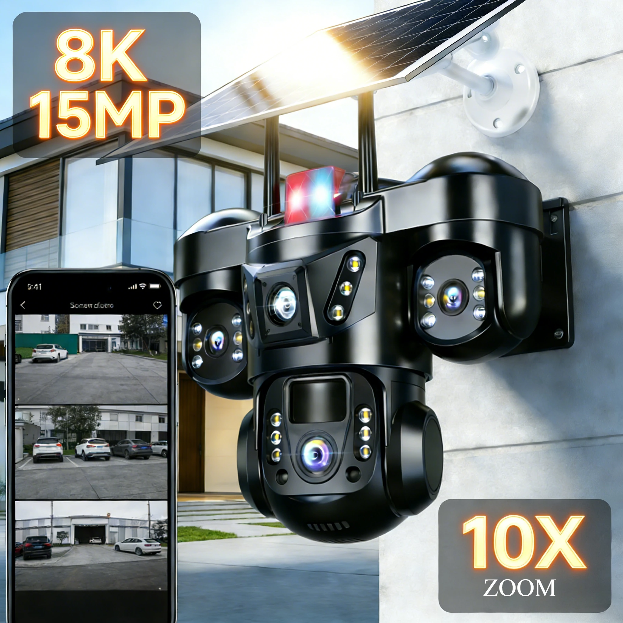 

Беспроводная Wi-Fi камера на солнечной энергии 8K 15 МП с тремя объективами и тремя экранами, 4G SIM-карта, обнаружение человека, уличная солнечная камера видеонаблюдения V380