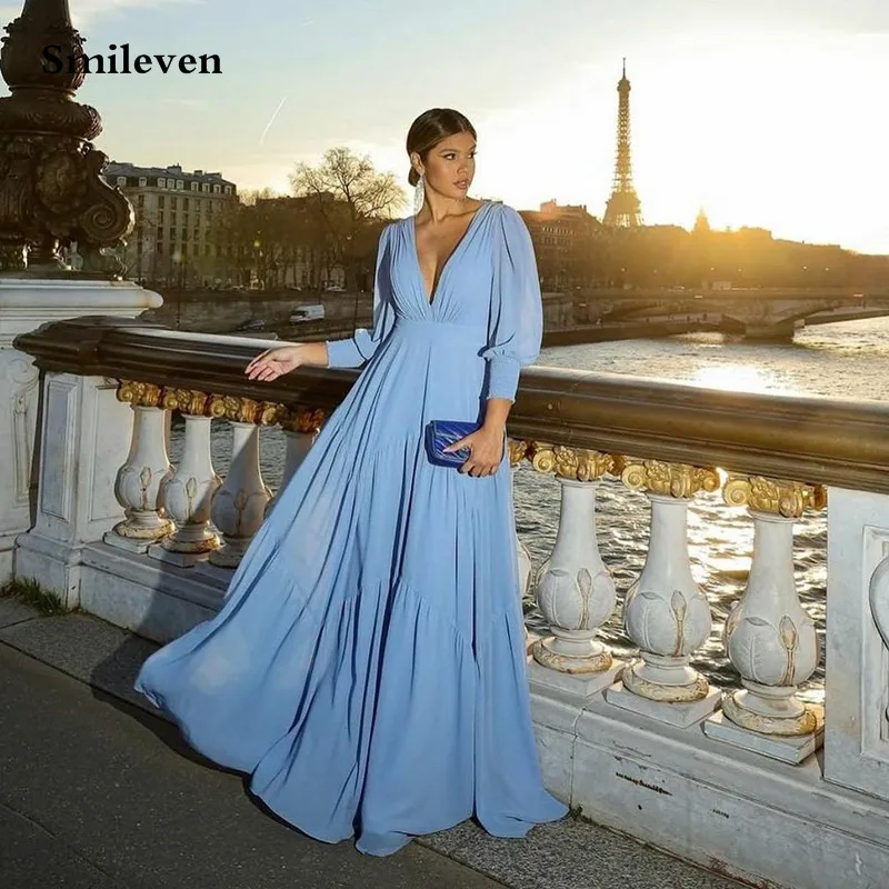 

Smileven Blue Chiffon Evening Dresses A Line V Neck Pleats Women Prom Gowns Puff Long Sleeve Party Dress 2022