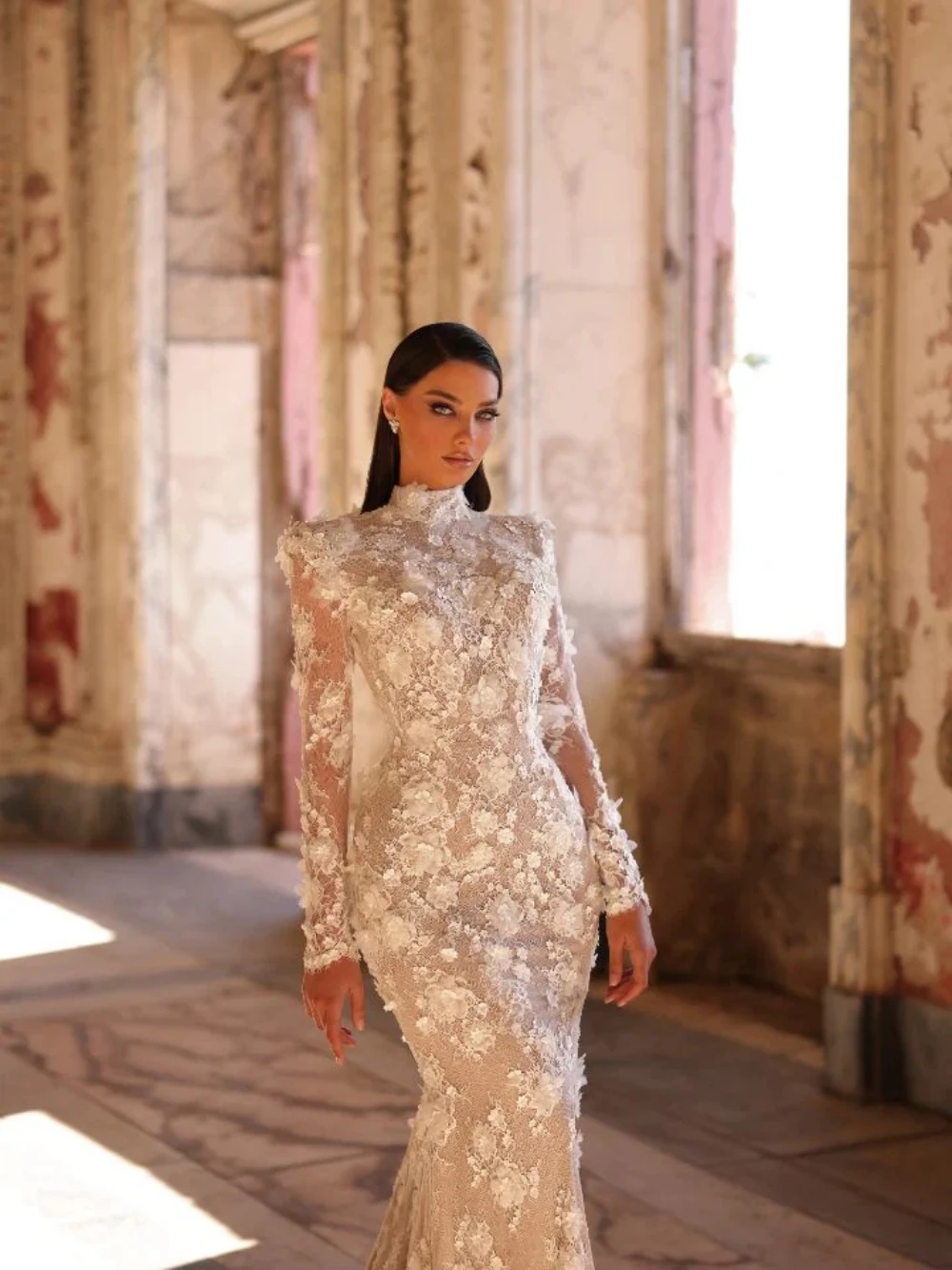 حالمة الدانتيل ثلاثية الأبعاد زهرة حورية البحر فستان زفاف طويل متواضع عالية طوق فستان زفاف 2026 جديد مخصص مفتوح الظهر فساتين للعروس #2