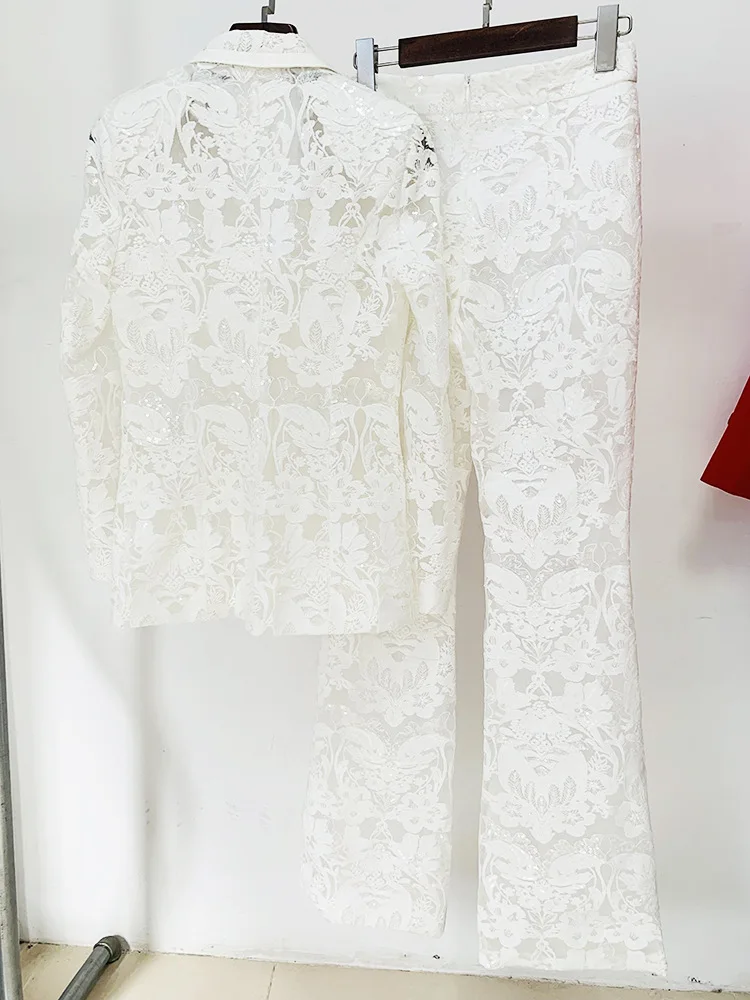 Fine Workmanship Embroidery Lady White See-through Office Suit Sequins Single Button Blazer Flared Pants Women Solid 2pcs