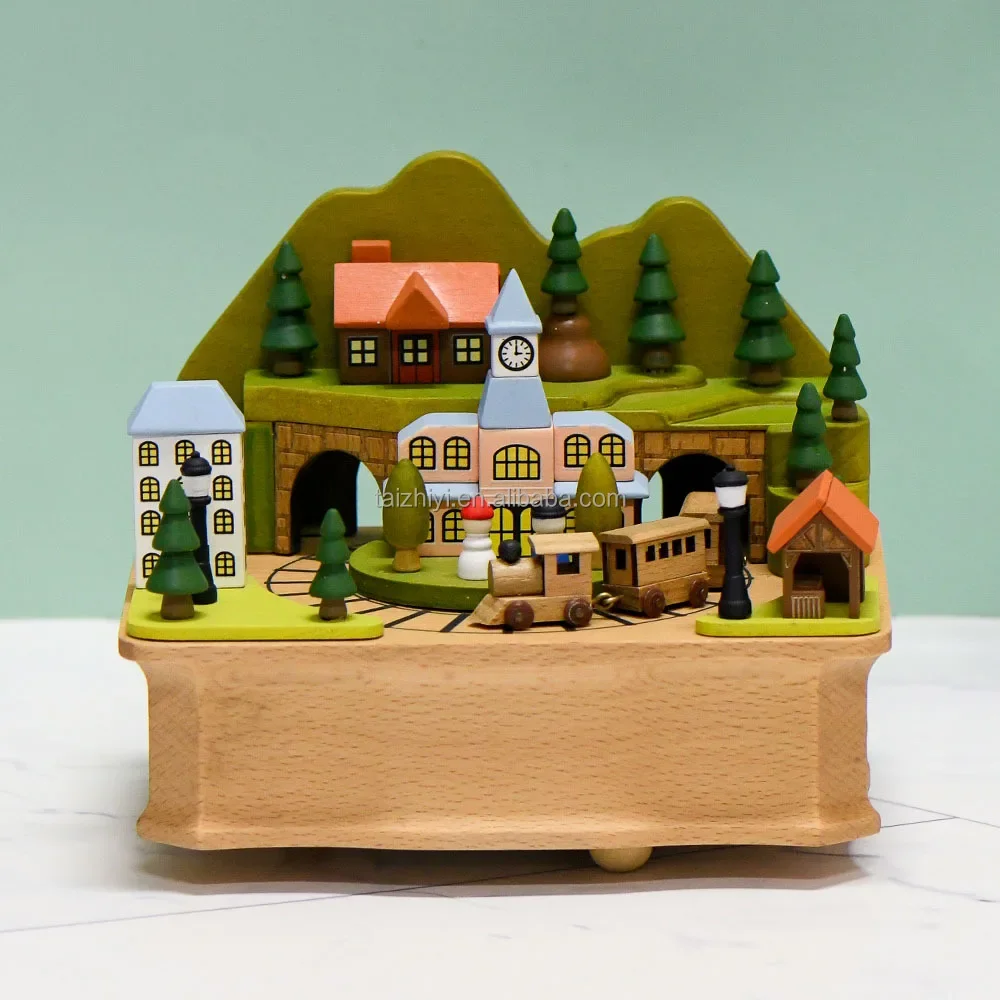 Personal Customization Wonderful Landscape Mountain Train Station Decorative Accents Wooden Toy Music Box