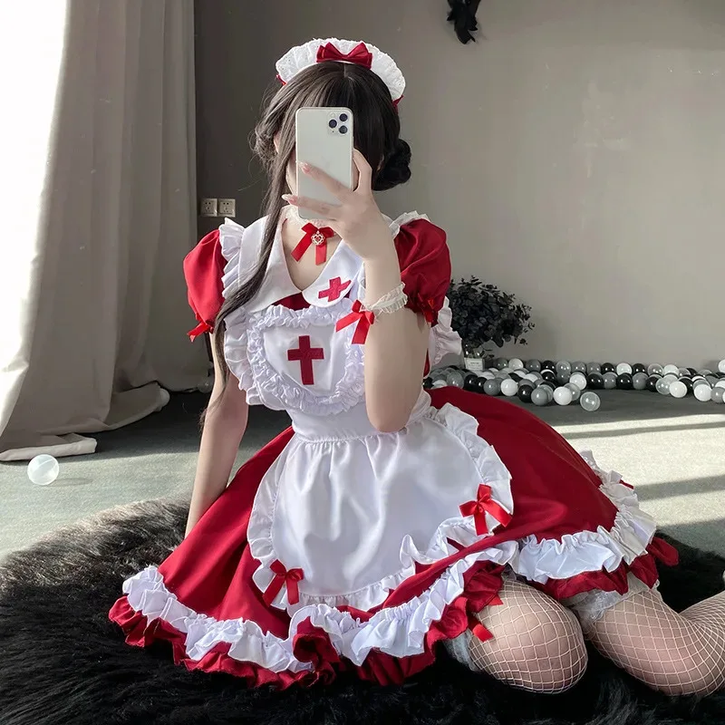 

2025 New Anime Cosplay Costume Women Classic Short Sleeve Maid Dress Outfits Japan Sexy Lolita Apron Uniform Halloween Nurs