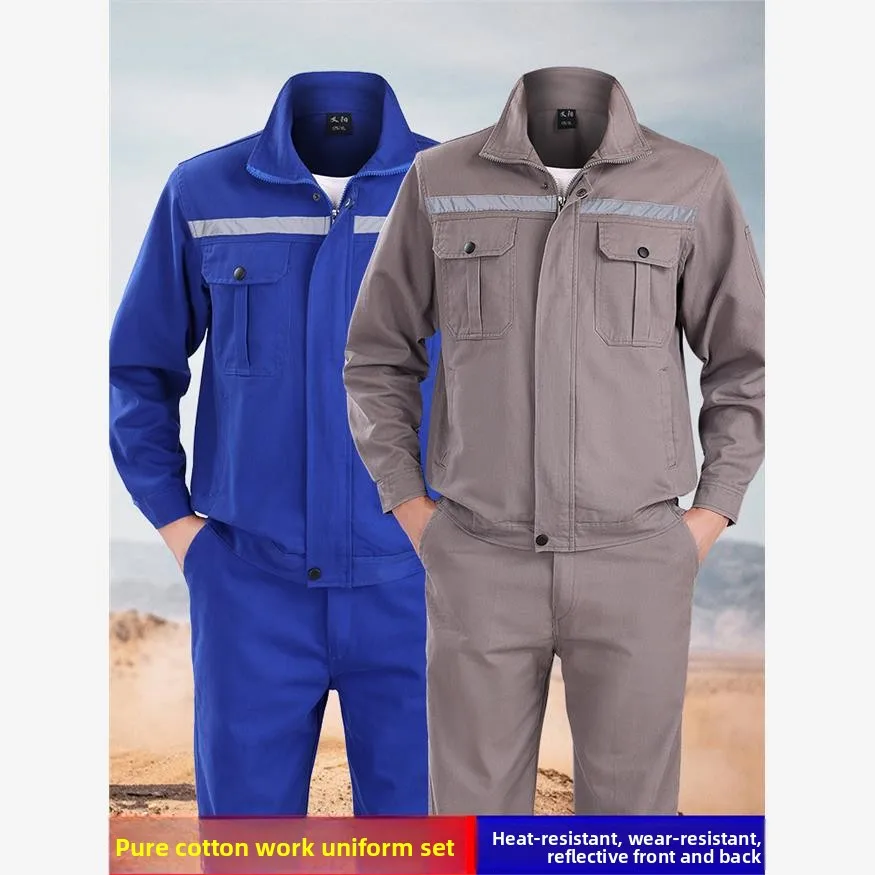 Conjunto de Roupa de Trabalho em Algodão Puro para Soldagem, Unissex, para Canteiro de Obras, com Detalhes Refletivos, Primavera