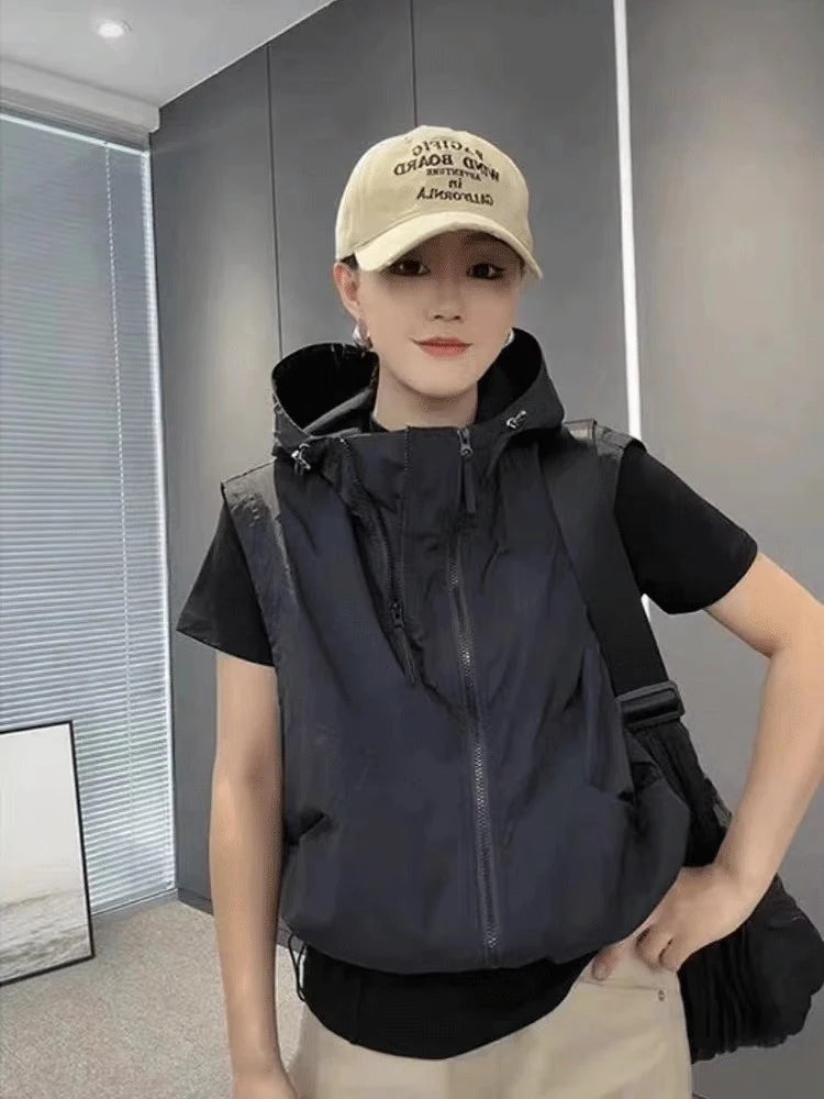 

Women's Loose Fit Thin Hooded Vest Summer New Sle Korean Version Double Zipper Casual Svel Jaet Outerwear